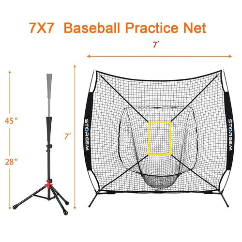 Storgem Baseball and Softball Practice Net 7×7ft Portable Hitting Pitching Batting Training Net Baseball Backstop Net with Batting Tee,Ball Caddy,Strike Zone and Bow Frame (Black)