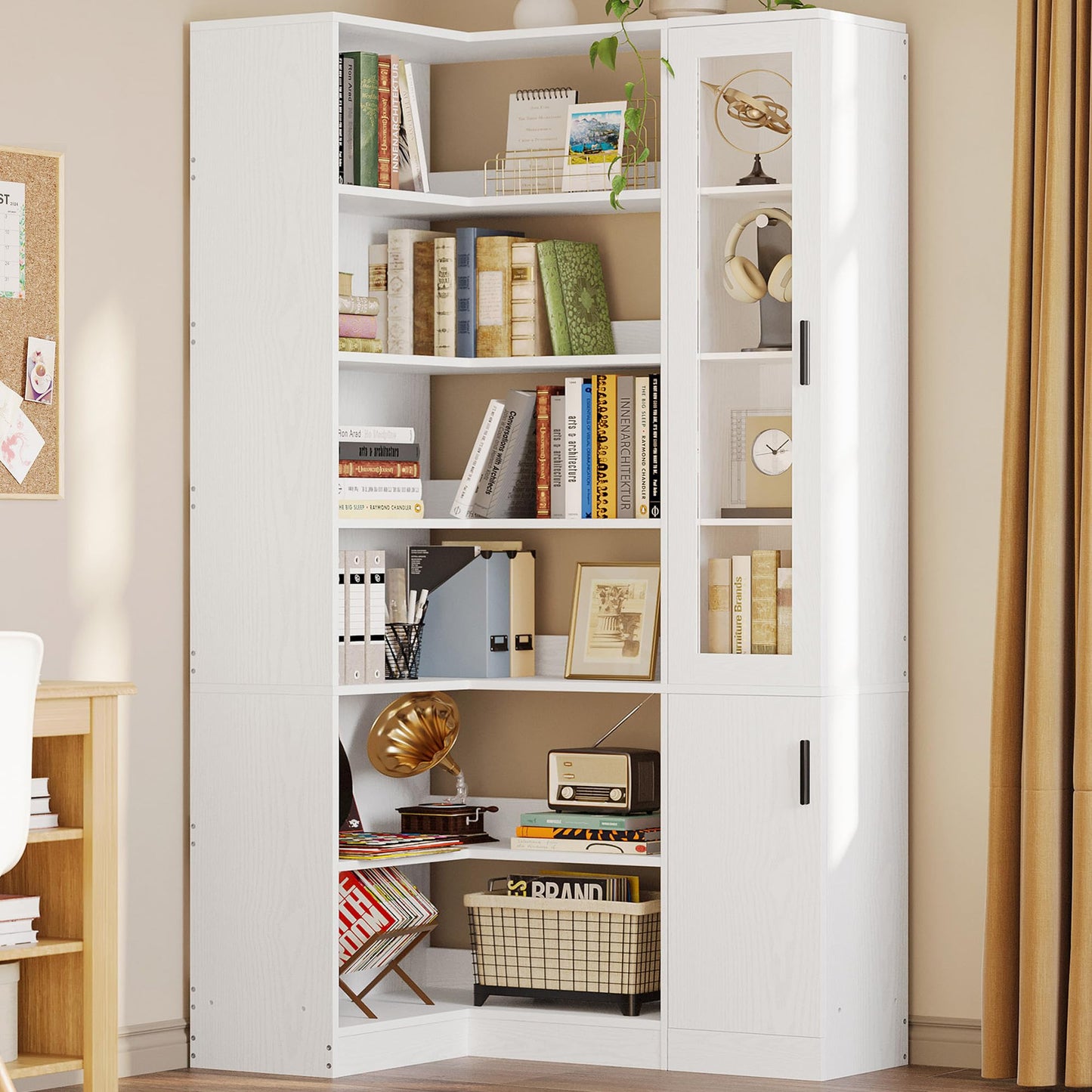 IRONCK Corner Bookshelf, 6-Tier Bookshelf with Doors and Storage, L Shaped Corner Bookshelf for Bedroom, Living Room