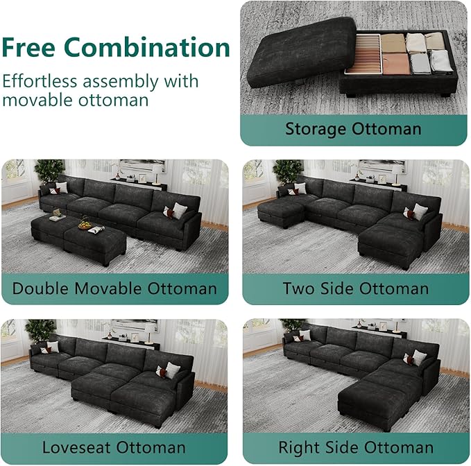 OhaiAura Modular Sectional U Shaped Sofa Couches for Living Room, Cloud Couch with Storage Ottoman, Comfy Chenille Sofa with Pillow, Black