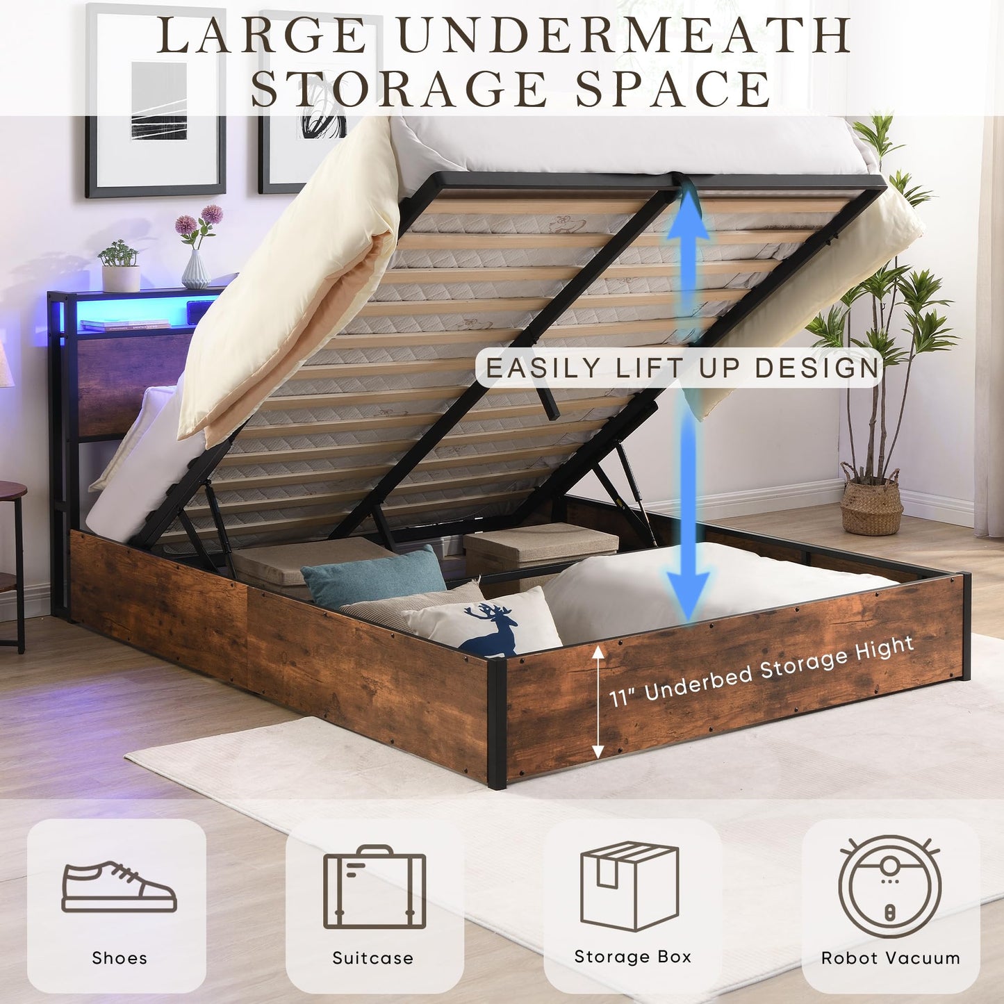 Queen Size Lift Up Storage Bed Frame with Charging Station, Wooden Platform Bed Frame with with Bookcase Headboard & LED Lights, Heavy Duty Metal Slats Support, Hydraulic Storage, Noise-Free, Brown