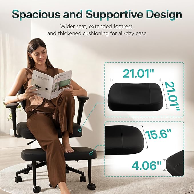 Criss Cross Office Chair with Armrest Wheels & Stretchable Rotating Footrest, Ergonomic Cross Legged Swivel Chair with Back Support& Adjustable Height for Yoga Kneeling Meditation Home Office