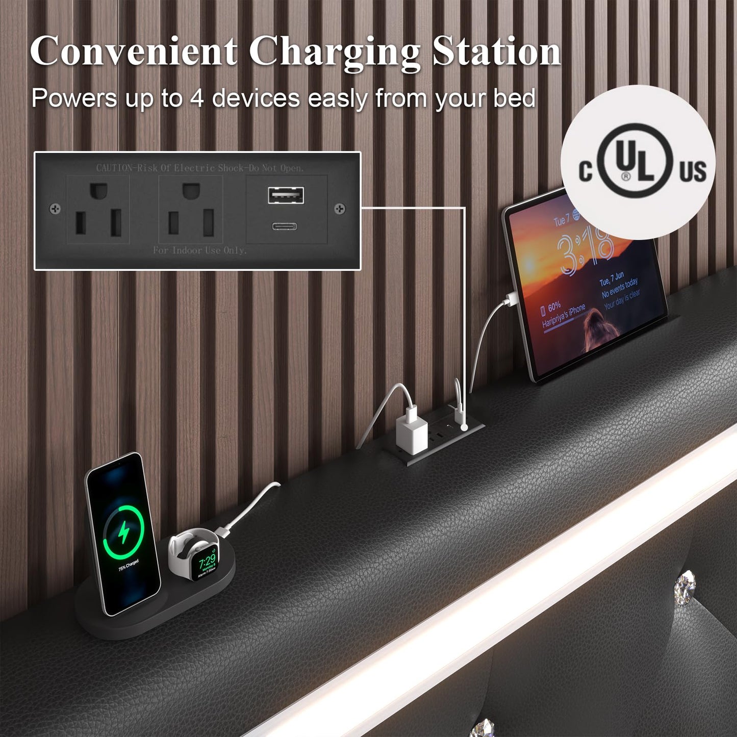 E-Motie Full Size Bed Frame with Wingback Upholstered Diamond Tufted Storage Headboard, LED Lights and Charging Station, Solid Wood Slats, Noise-Free, Easy Assembly, No Box Spring Needed, Black