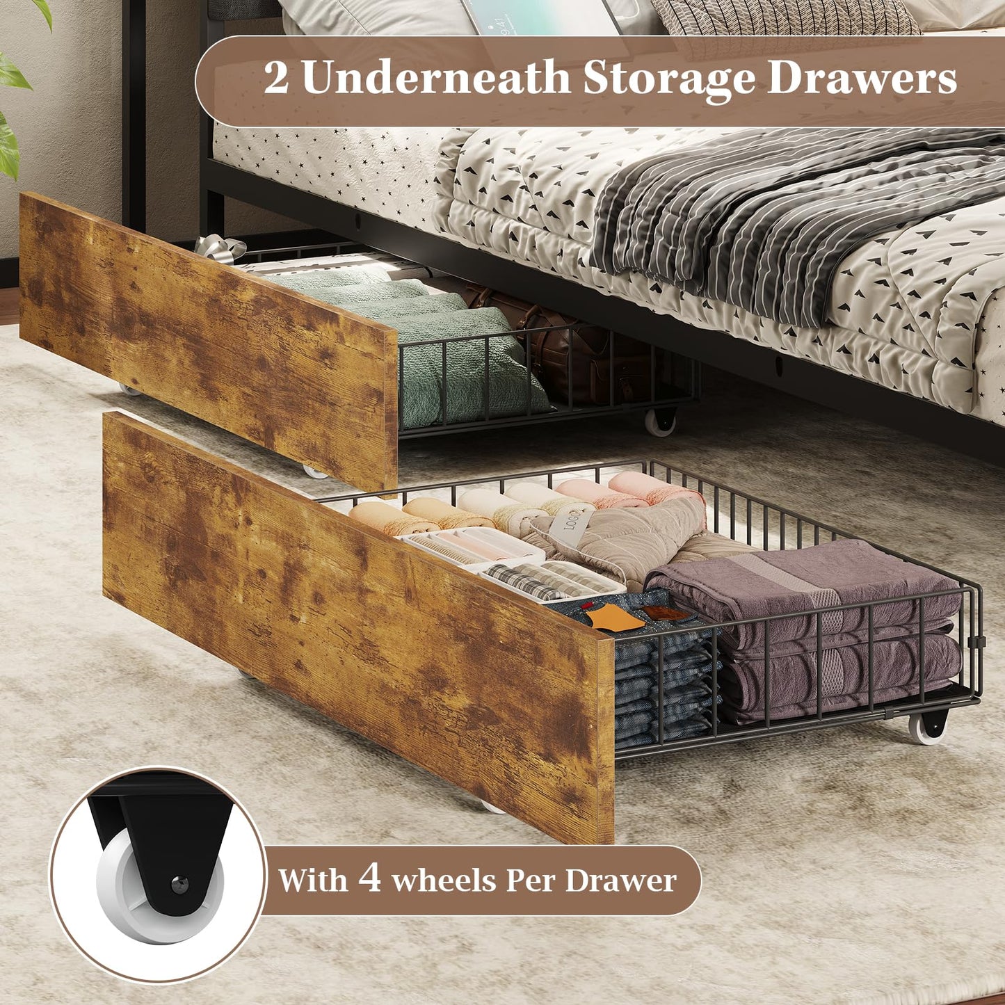 busyaeh Corner Bed with Storage Bookcase and LED Light,Corner Bed Frame with 2 Underneath Storage Drawers & Charging Station and Mattress Slide Stopper,Twin Bed Frames for Bedroom,Rustic Brown
