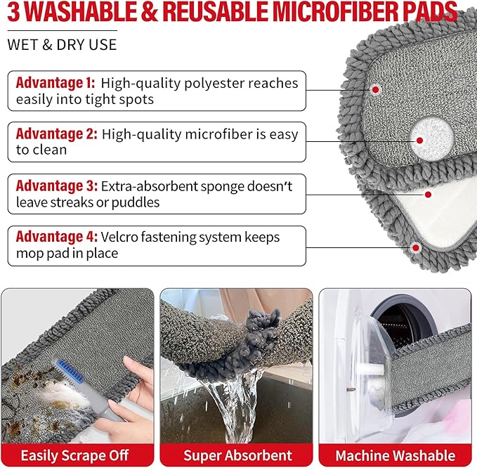 Spray Mops for Floor Cleaning, Microfiber Spray Cleaning Mop Kit with 3 Reusable Washable Pads 700ML Refillable Bottle and Scrubber Flat Mop with 360 Degree Swivel Head for Hardwood Laminate (Grey)