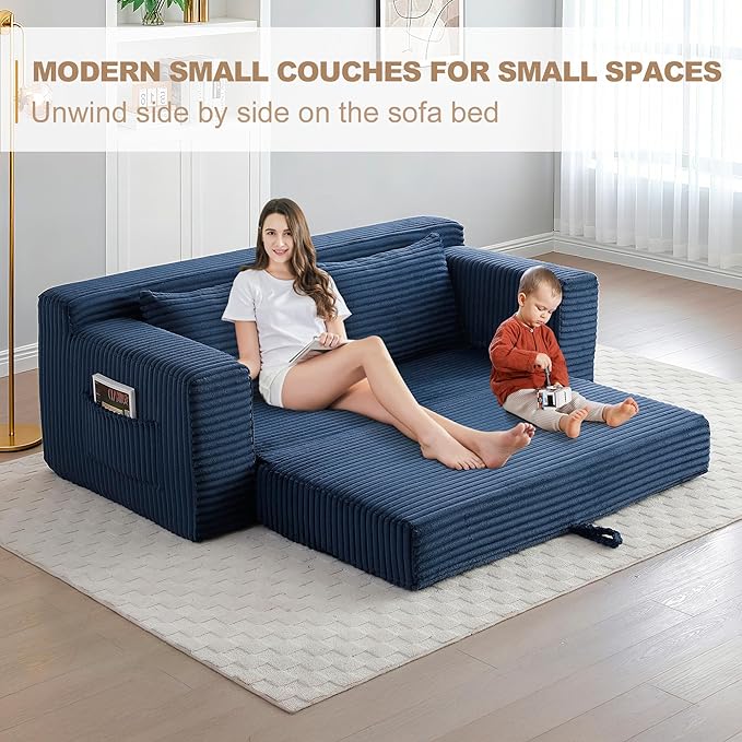 73" Convertible Sofa Bed, 2 in 1 Folding Couch Bed, Boneless Couch in a Box, Cloud Loveseat Sleeper, Fold Out Comfy Floor Futon Sofa with 2 Pillows for Living Room Bedroom, No Assembly (Blue, 73)