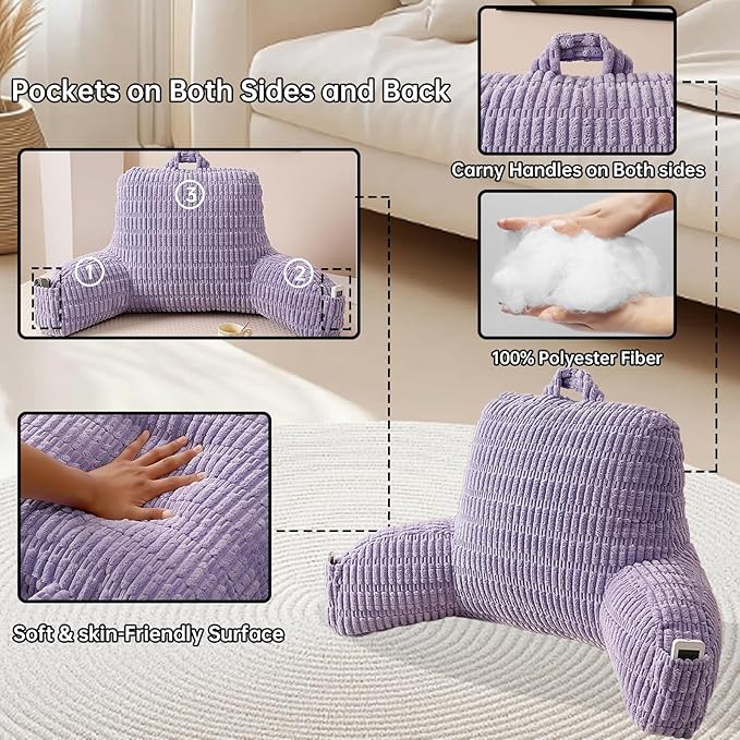 PAJEO Reading Pillow for Sitting in Bed, Large Backrest Reading Pillow with Arm Rest,Back-Rest Support Cushion for Sit Up on Couch, Sofa, and Floor (Light Purple Corduroy, Standard(17"))