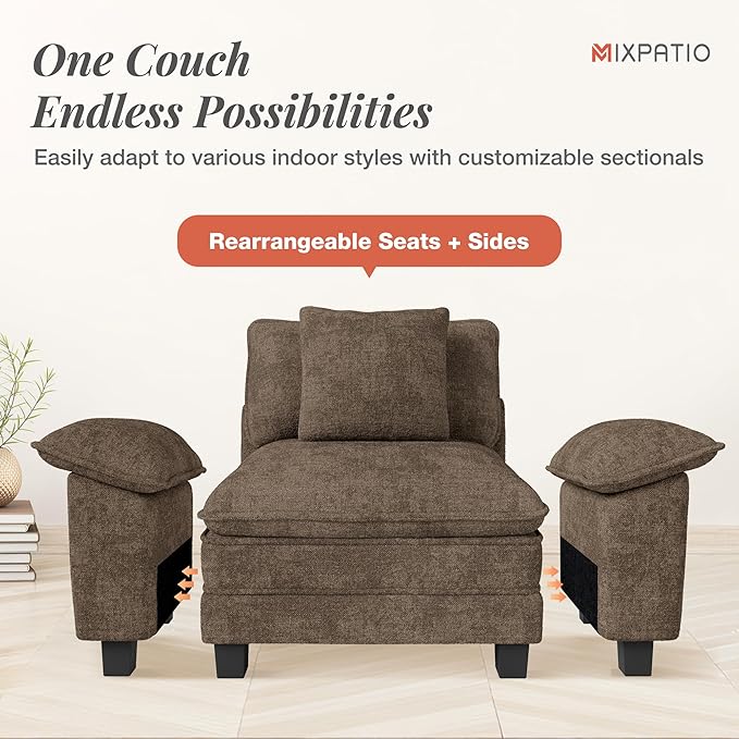 MIXPATIO 53.5" Cloud Modular Sectional Single Sofa, Deep Seat Armchair with Plush Chenille & Removable Arms for Living Room, Taupe