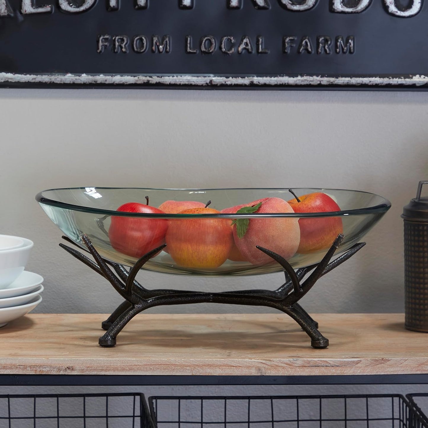 Deco 79 Glass Kitchen Serving Bowl with Black Metal Branch Stand, 17" x 13" x 8", Clear
