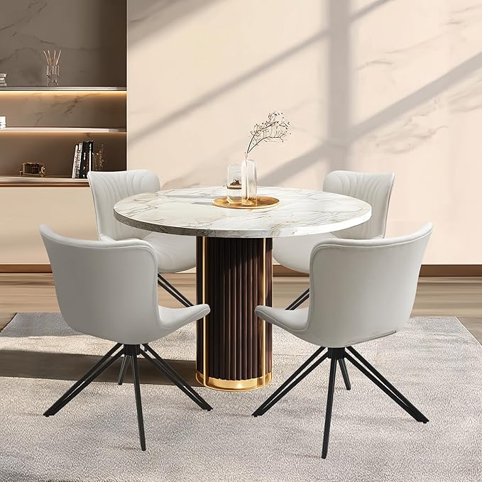 VATROS Dining Chairs Set of 4, 360° Swivel Upholstered Mid-Century Modern Kitchen Dining Room Chairs, Armless Faux Leather Accent Side Chair with Padded Back, Metal Legs for Living Room Bedrooms White