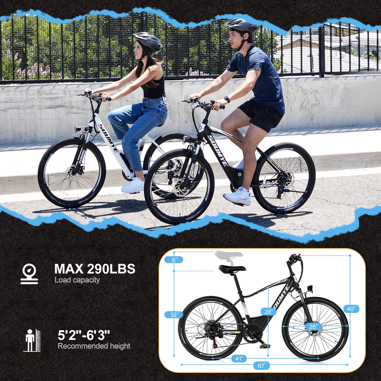 Soumye Electric Mountain Bike for Adults 26" Step-Thru/Over Ebike for Men Women with 350W Motor, 36V 10Ah Built-in Battery, 4 Riding Modes & 40Miles 20MPH