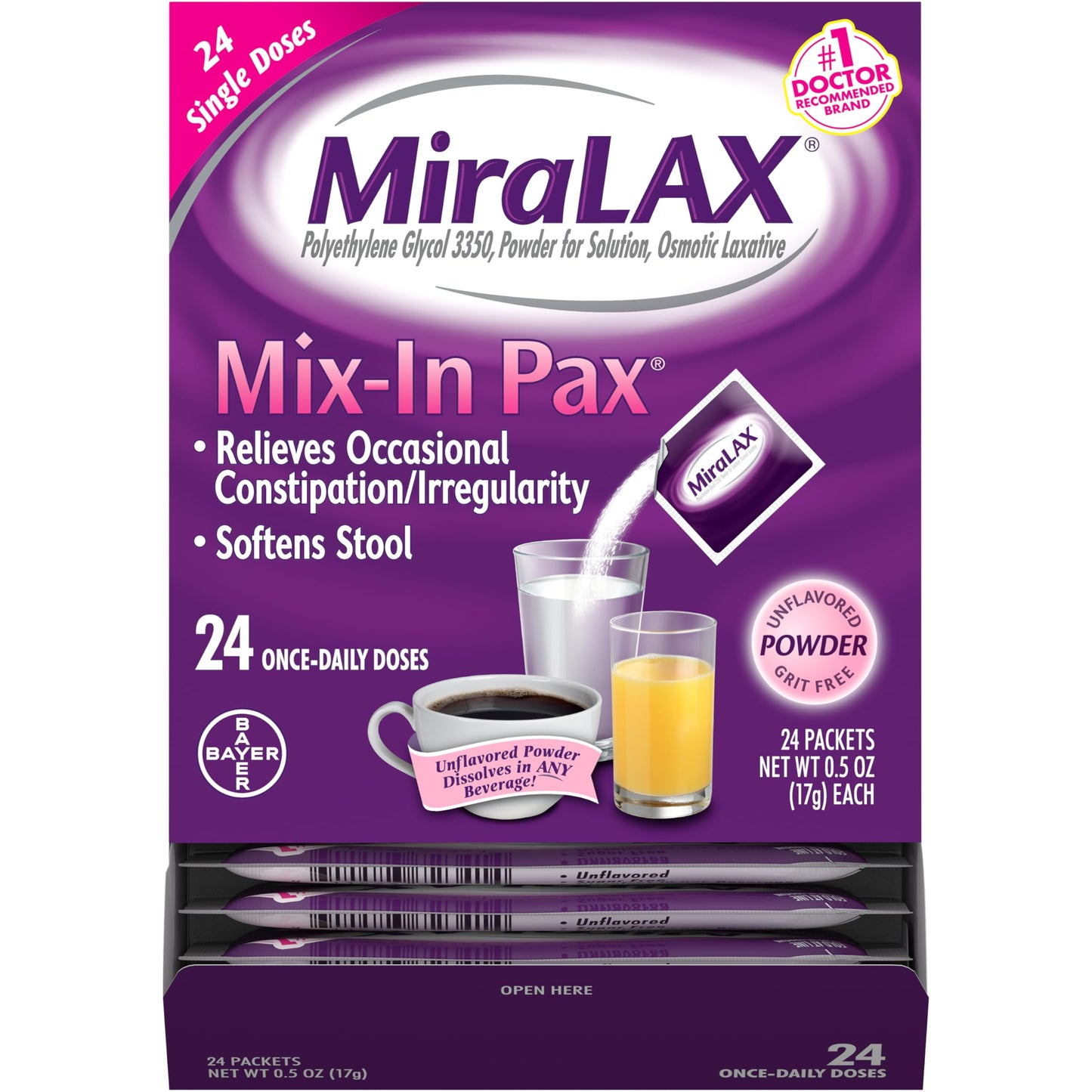 MiraLAX Gentle Constipation Relief Laxative Powder, Stool Softener with PEG 3350, No Harsh Side Effects, 1 Doctor & OBGYN Recommended, Single Dose Mix-in Pax, Travel Pack, 24 Dose
