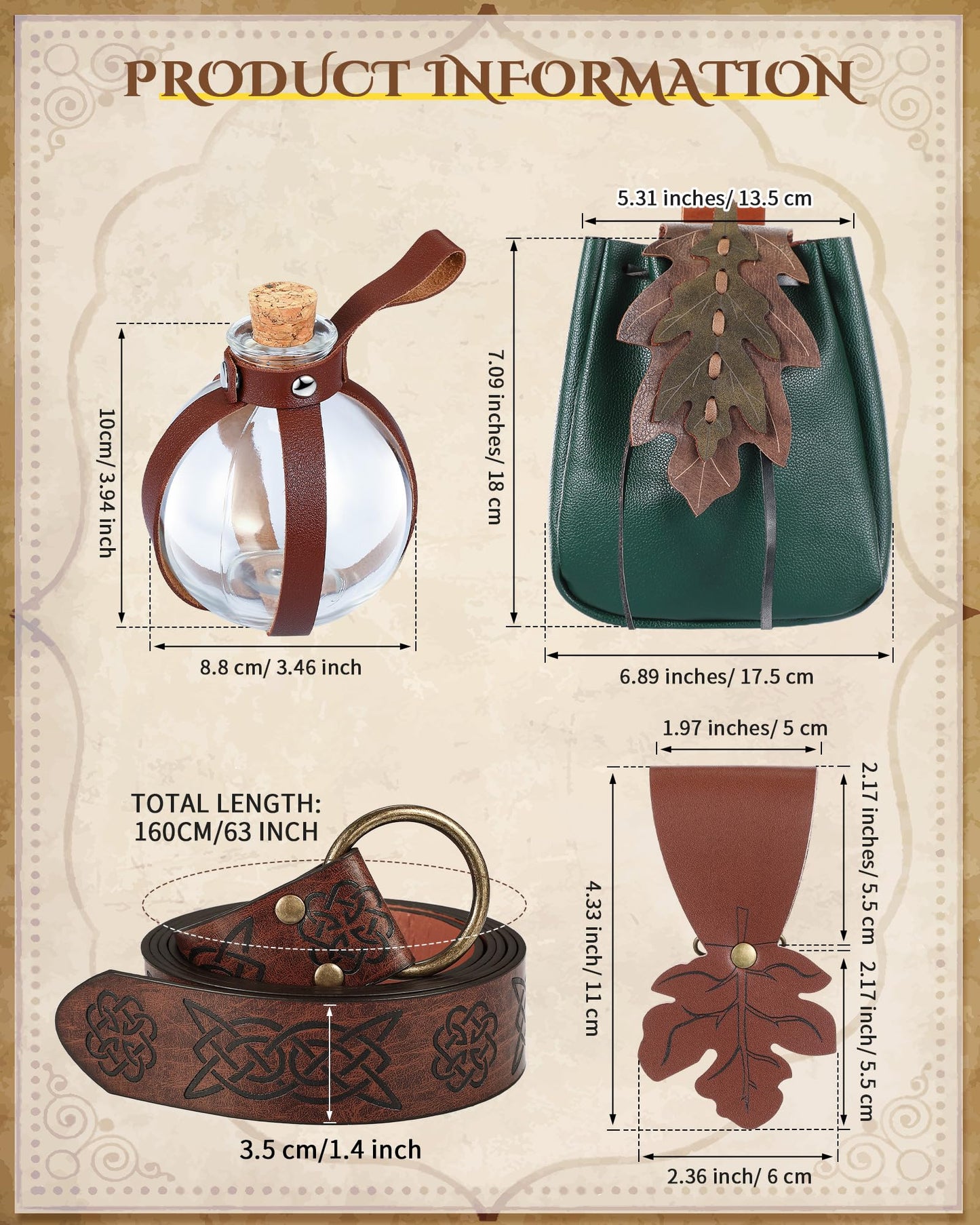 Twistover 6 Pcs Women Renaissance Accessories Leaf Belt Bag Medieval Viking Belt Potion Bottles Leather Skirt Hikes(Green, Brown,Classic)