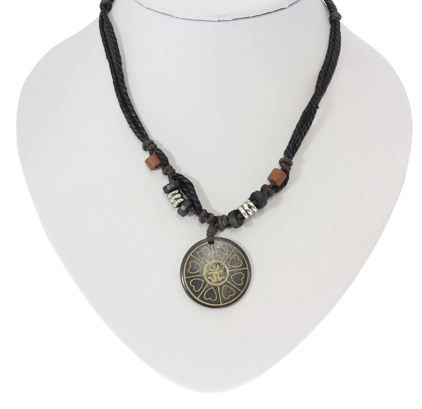 Surfer Cord Necklace With Ying Yang Carved Bone Pendant - Fully Adjustable - Black & Brown Cord