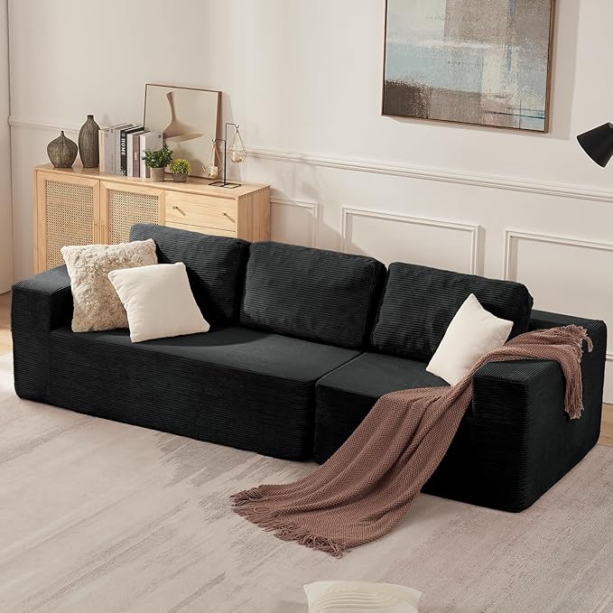 Furnify 106" 3-Seater Sofa, Cloud Modular Sofa with Certified Foam, Upholstered Floor Sofa with Deep Seat, Upholstered Sofa for Bedroom Living Room, No Assembly Required (Corduroy Fabric, Black)