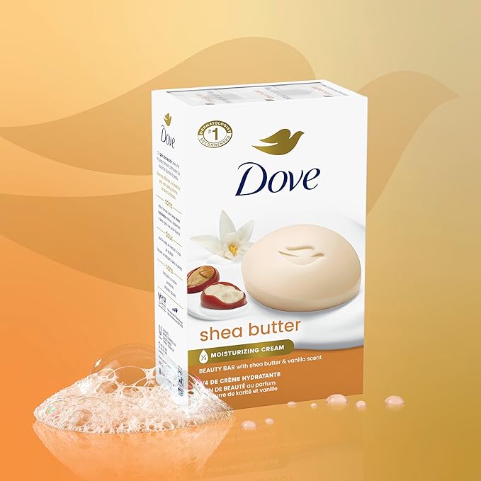 Dove Beauty Bar Soap Shea Butter 4 Count for Nourished, Radiant Skin, Enriches Skin 3.75 oz