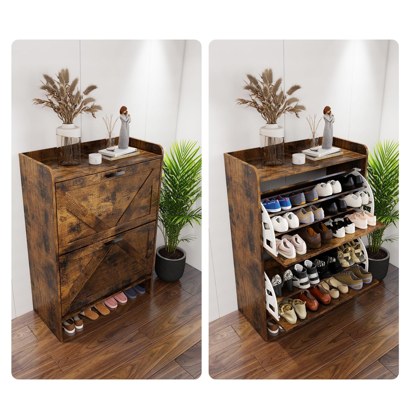 Shoe Cabinet with 2 Flip Drawers, Shoe Cabinet Storage for Entryway with Wider Adjustable Shelf, Hidden Freestanding Farmhouse Shoe Rack Organizer for High Heels, High - Top Shoes＆Plus Size Shoes