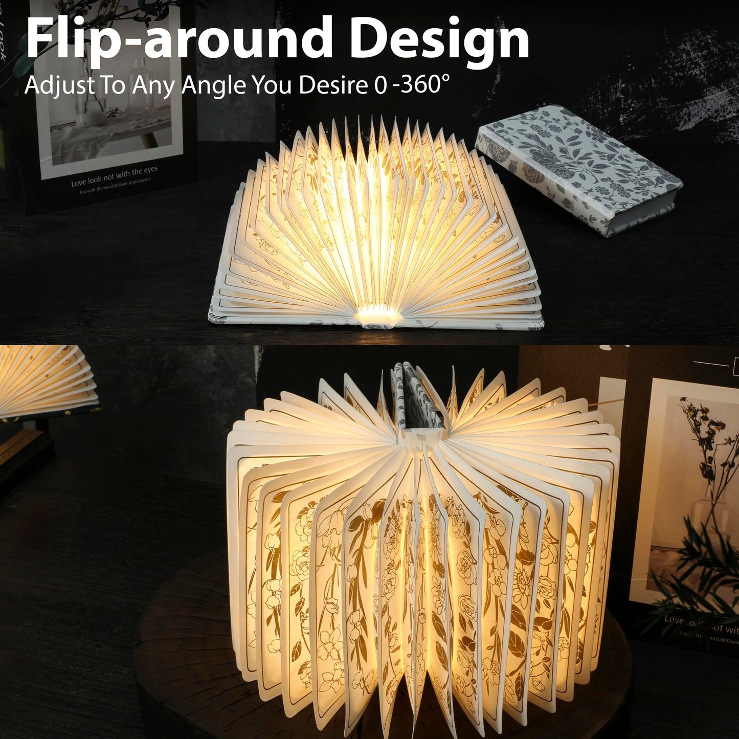 ZBOLE Floral Print Book Light,3-Color Book Lamp Book Lovers Gifts | 1200mAh Portable Foldable Paper Desk Lamp | Night Reading Bookshelf Lamp, Gifts for Women Birthday Ambient Lighting(White Silver)