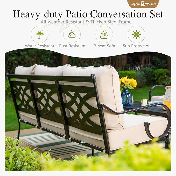 Sophia & William 6 Piece Patio Furniture Set, Outdoor Conversation Sets 7 Seat Clearance with 3-seat Sofa x 1, Rocking Chair x 4, Metal Coffee Table x 1 for Front Porch Lawn, Beige