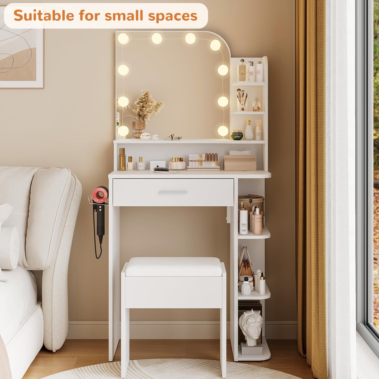 Small Makeup Vanity Desk with Mirror and Lights, 26.4" Small Vanity for Small Space with Stool and Charging Station, Compact Vanity with 3 Color Lighting Modes (White)