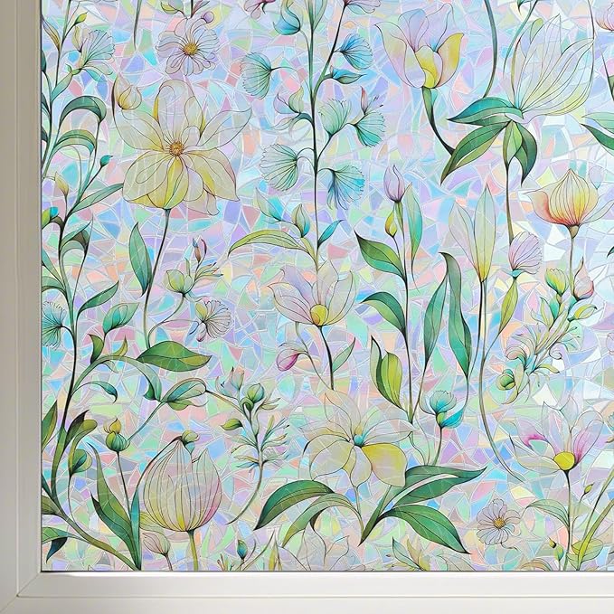 FINNEZ Window Privacy Film Stain Glass Film Flowers Rainbow Window Film Window Clings Non-Adhesive Reusable Decorative for Home（Forest Rainbow，35.4 Inch x 6.5 Feet）