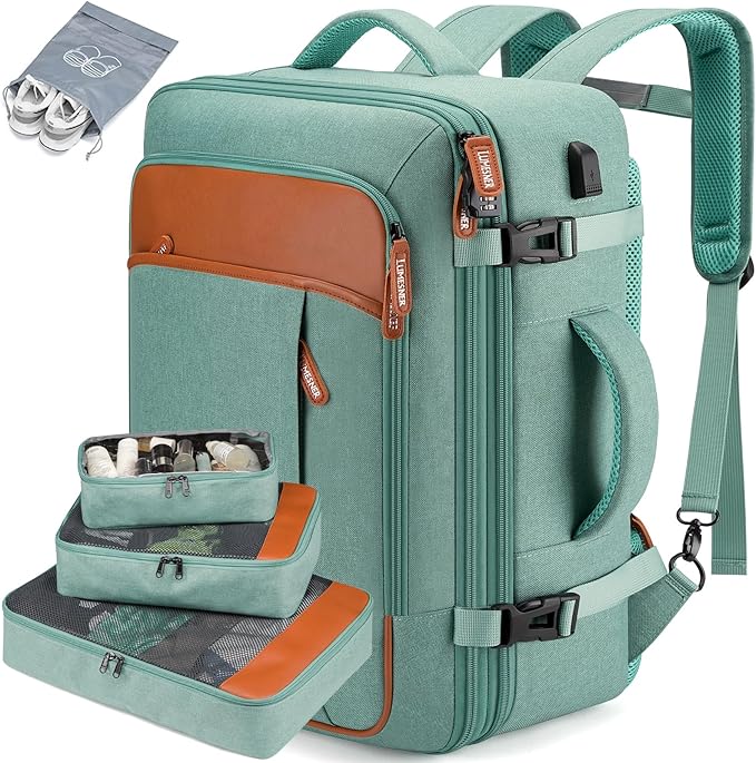 Lumesner Carry on Travel Backpacks, Extra Large 40L Flight Approved Bag for Men & Women,Expandable Suitcase Backpack With 4 Packing Cubes,Water Resistant Luggage Daypack Business Weekender Bag, Green