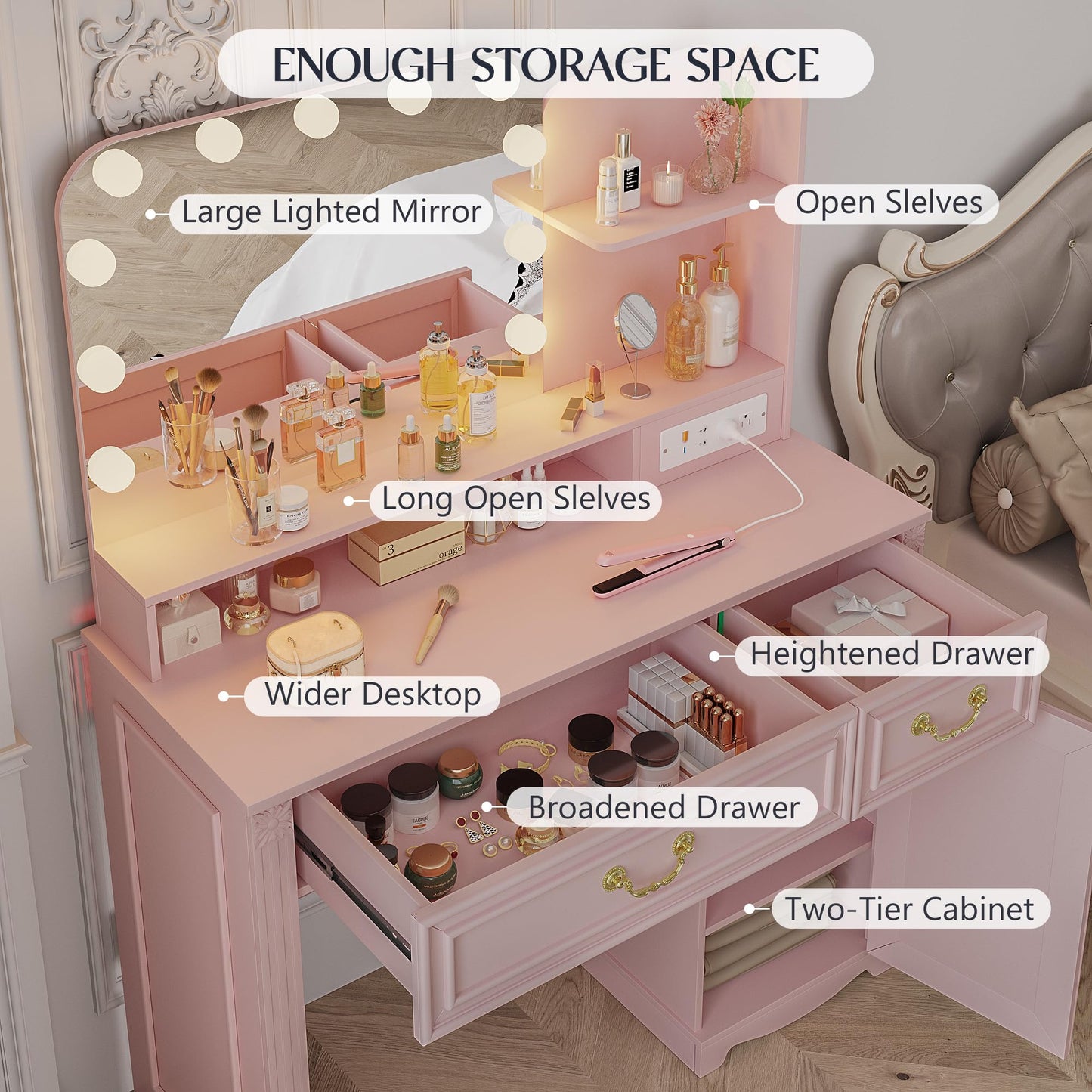 Lareth Makeup Vanity Desk with Lighted Mirror, 39.4 inch Vanity Table with Power Outlet, Bedroom Dressing Table, Adjustable Lights & 1 Cabinet 2 Drawers, Gifts for Teen Girls Women, Light Pink