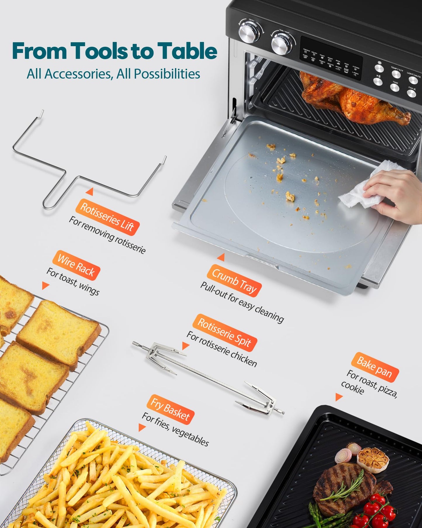 28QT Air Fryer Toaster Oven Combo, Large 12-in-1 Convection Countertop Oven with Next-Gen HeatWave Convection, 3-Layer Cooking, Rotisserie for Chicken, Fits 11" Pizza, Full Accessories, Glitter Black