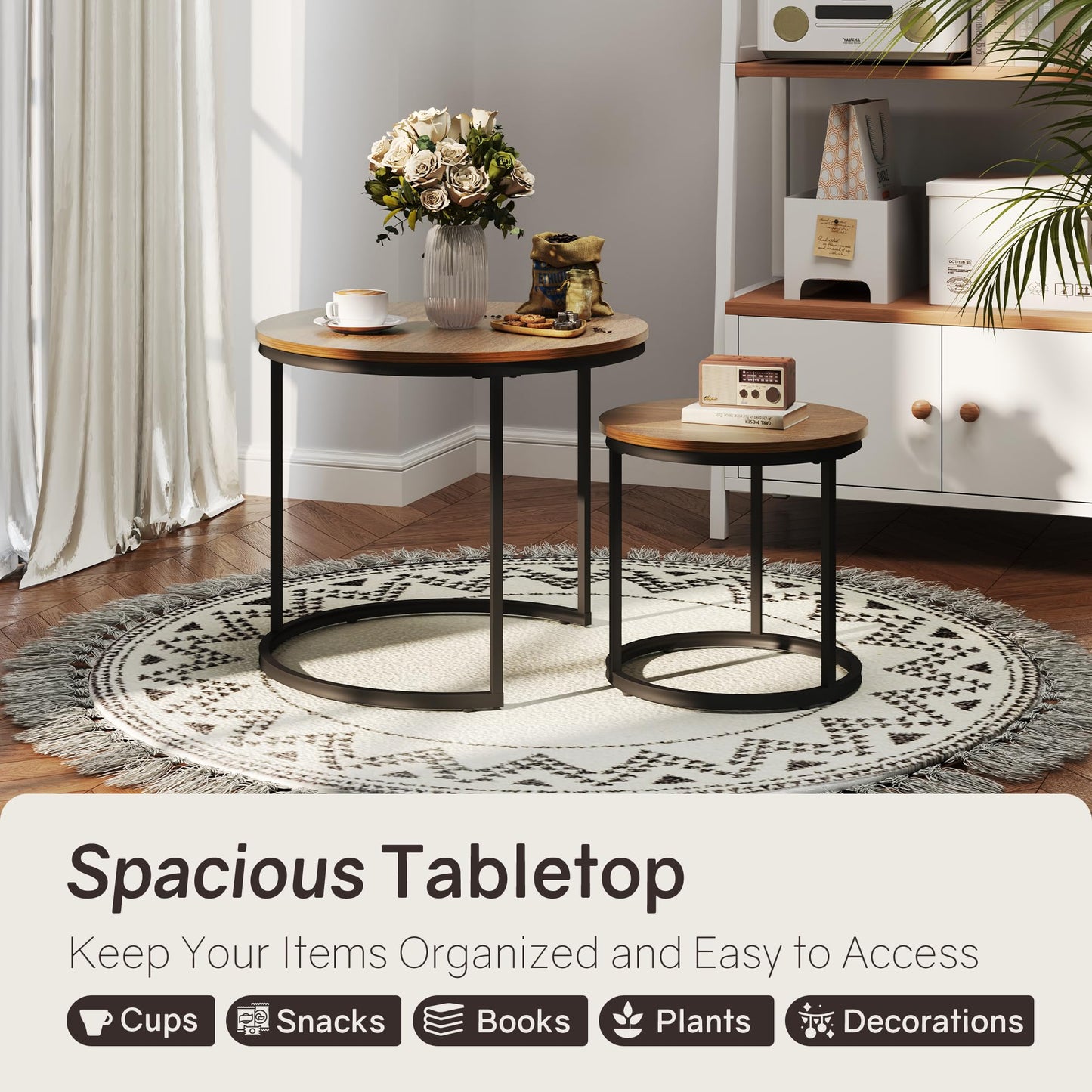 Otterease Nesting Tables Set of 2, Round Coffee Table, Small Nesting Coffee Table with Adjustable Non-Slip Fee, Wood Grain Top Nesting Tables for Living Room, Bedroom (Wood Grain Brown)
