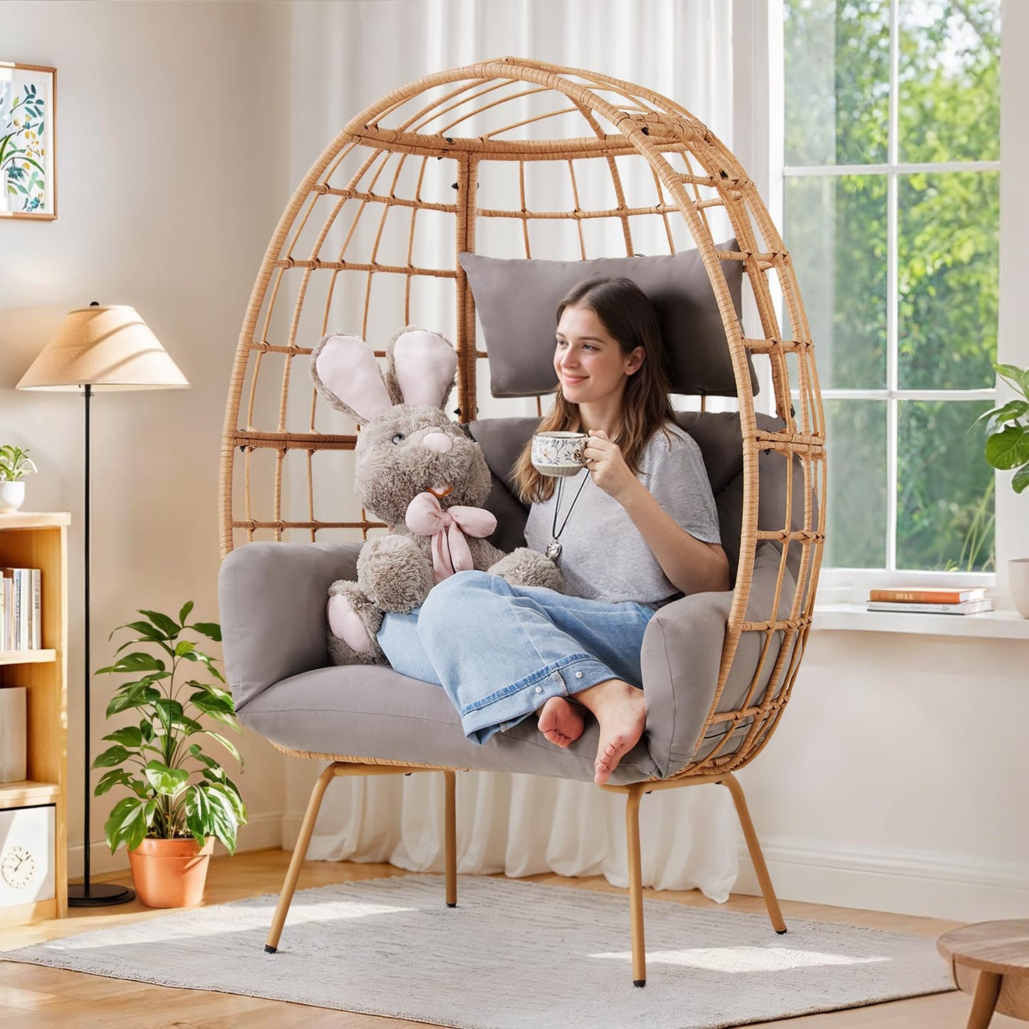 ONBRILL Oversized Egg Chair, Indoor Outdoor Egg Rattan Chair with PE Rattan, Steel Frame and Detachable Cushions, Wicker Lounger for Patio, Pool, Living Room, Bedroom - Grey