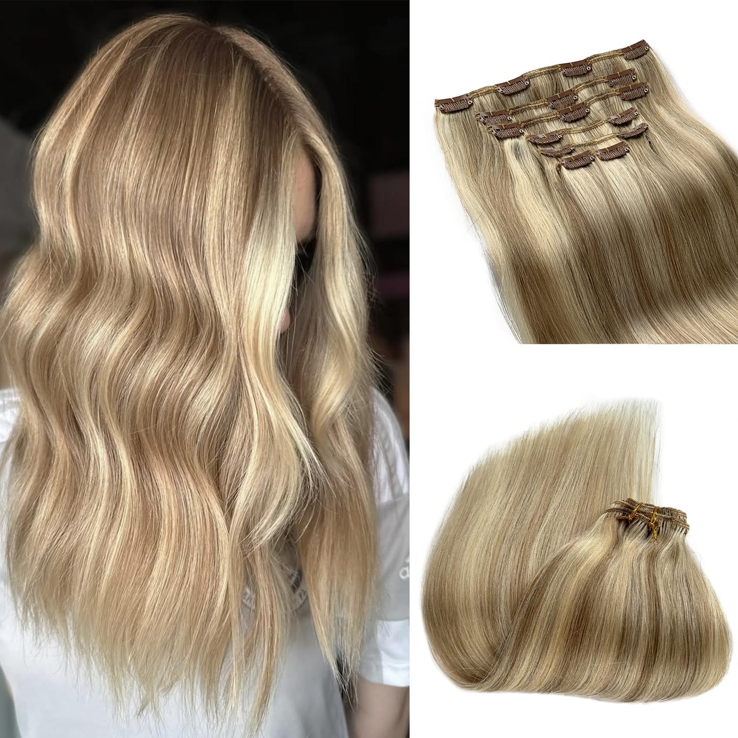 Balayage Hair Extensions Real Human Hair Brown and Blonde 20 Inch 7PCS Clip in Human Hair Extensions Ombre Highlights Medium Bro