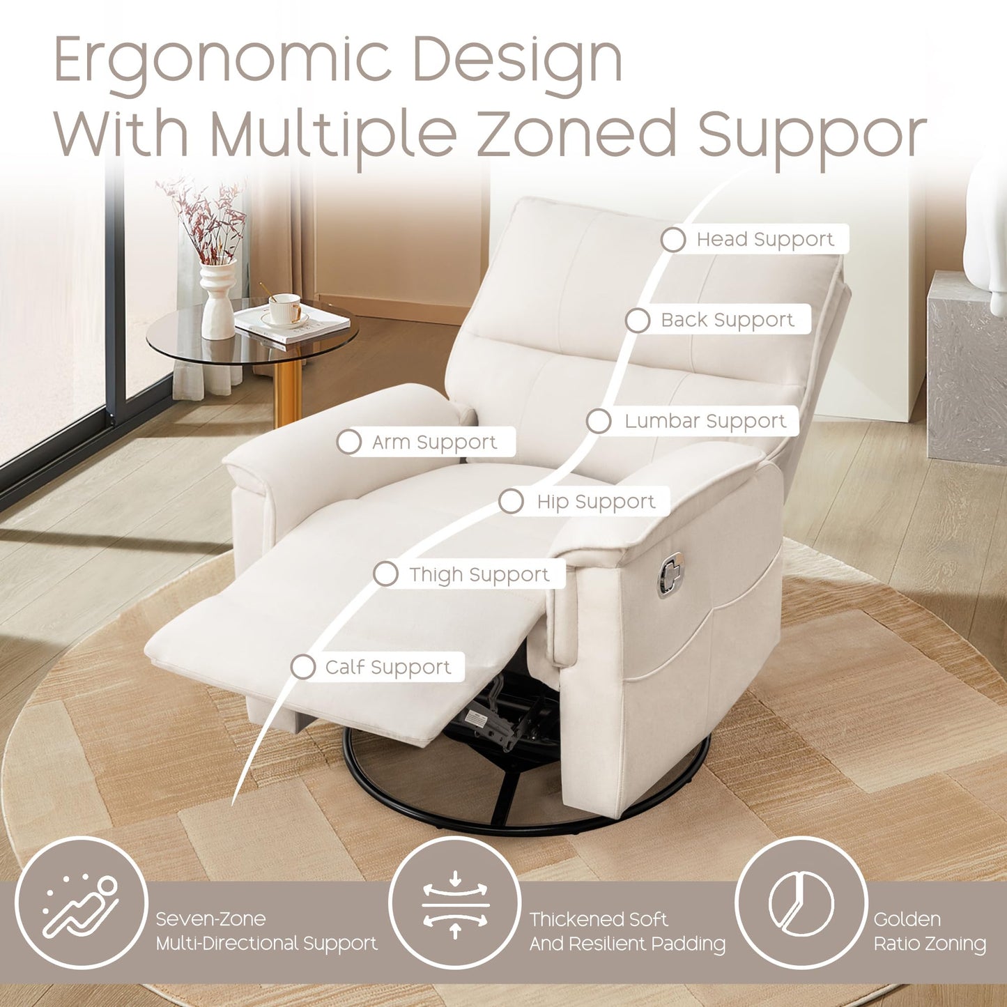 YUUIJOAA Swivel Rocker Recliner Chair, Manual Reclining Glider Chairs for Adults, Linen Nursery Recliner Sofa Chairs for Living Room, Bedroom, Beige