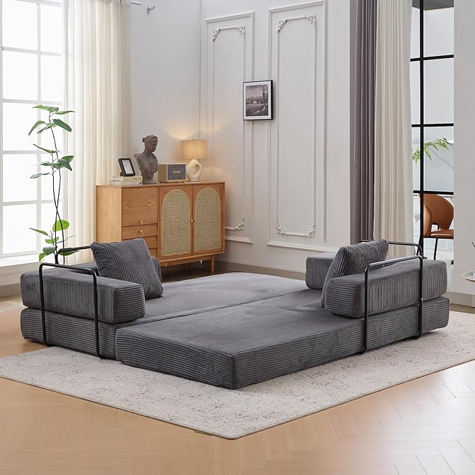 Convertible Couch Sofa Bed Foldable Floor Sleeper | Modern Fold Out Couch | Removable Backrest & Armrests | No Assembly Compression Sofa Sleeper for Living Room, Bedroom | Corduroy Fabric Gray