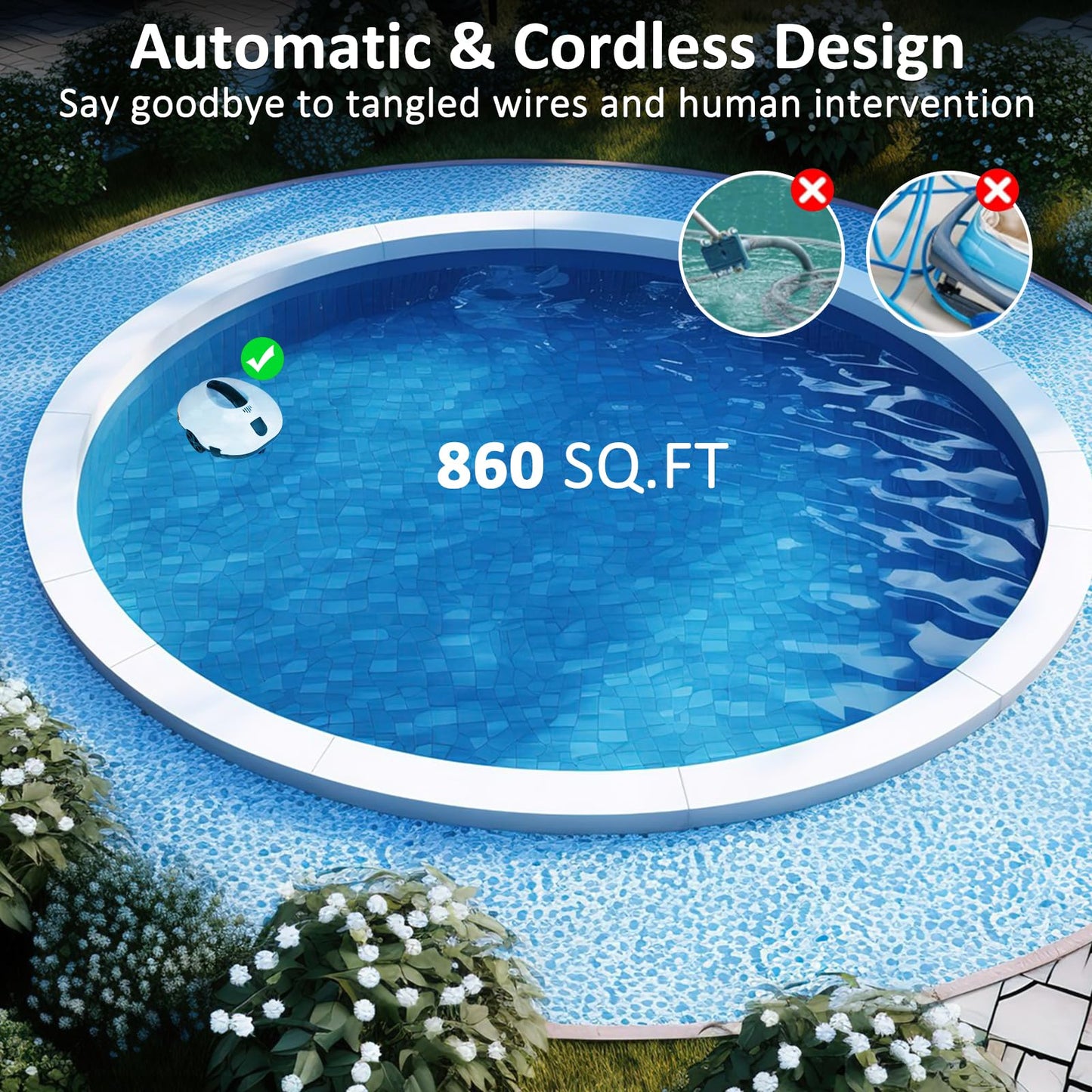 TCEUMIK 130 Mins Runtime Cordless Robotic Pool Cleaner Portable Lightweight Automatic Vacuum Self-Parking 5200mAH Fast Charging Powerful for Above-Ground Swimming Pool up to 861Sq.ft (White)