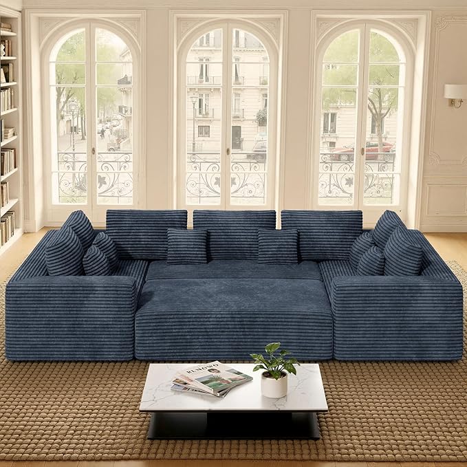 136'' Large Sectional Cloud Couches with Chaise, U Shaped Boneless Sofa Bed with Ottoman, No Assembly Required Deep Seat Modular Lounge for Living Room 4PCS Set, Bedroom(Grey)