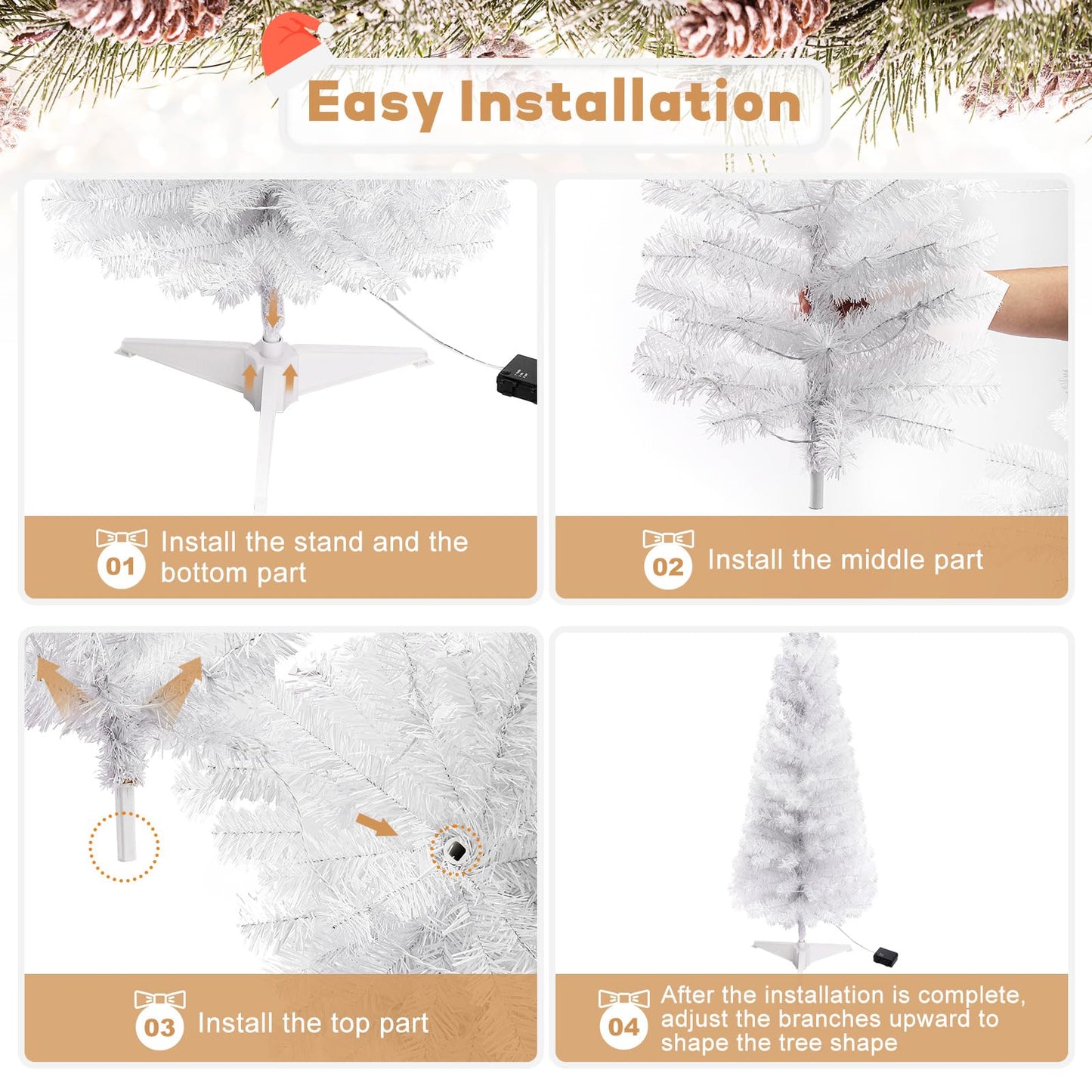 Decoway Pre-Lit Artificial Christmas Tree, 4ft Slim White Tinsel Christmas Tree with Warm White LEDs, Battery Operated - Includes Stand, Fire Retardant PVC for Small Spaces, Home Indoor Decoration
