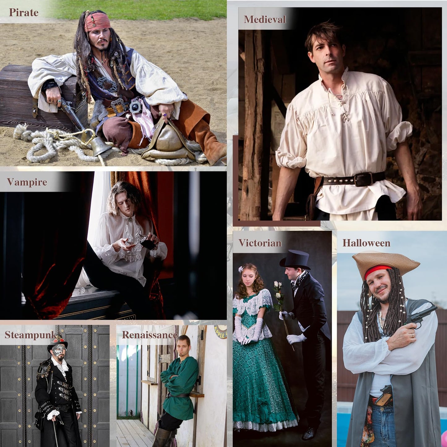Pirate Shirt Men Renaissance Faire Costume Medieval Victorian Shirt Vampire Gothic Steampunk Costume Halloween Cosplay Tops White S