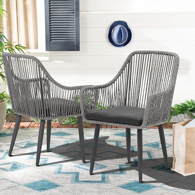 Patiorama Outdoor Dining Chairs, Patio Dining Chair Set of 6, All-Weather Woven Rope Rattan Chairs, Outdoor Dining Wicker Chairs with Armrests for Indoor Balcony Pool Backyard(Gray)