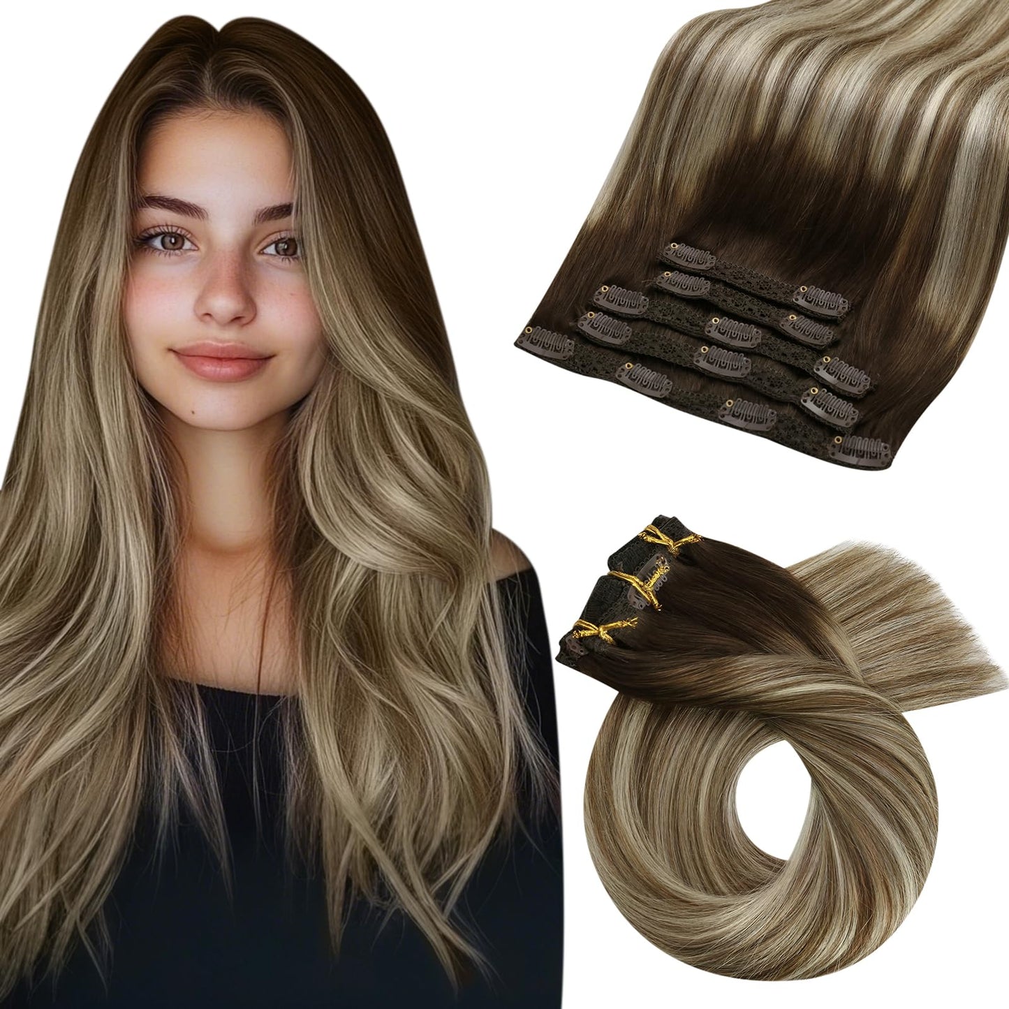Moresoo Clip in Hair Extensions Balayage Remy Straight Human Hair Extensions Clip in Ombre Dark Brown Mixed Medium Brown with Bl