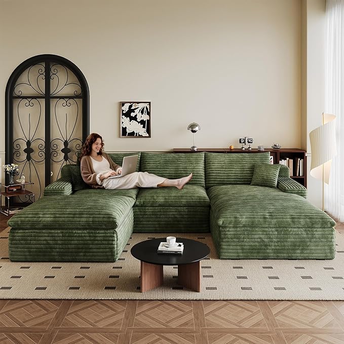 107" Cloud Sectional Couch U-Shaped Chaise with Ottoman, Corduroy Boneless Couch for Living Room Bedroom, Deep-Seat Upholstered Modular Cloud Sofa, No Assembly Required (Green, Right Facing Chaise)