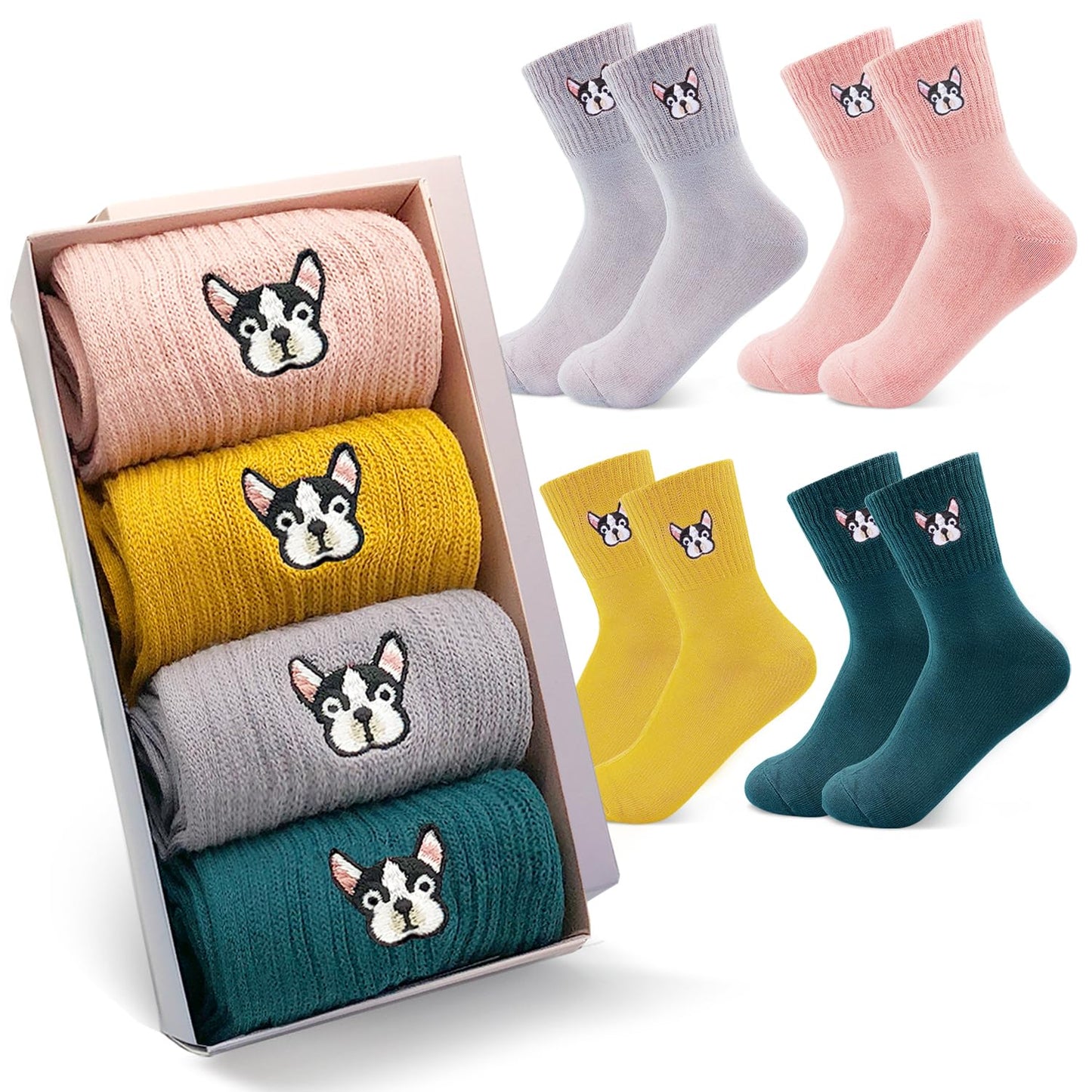 Jinny's Shoppe Women’s Cute Crew Socks Gift Set – 3/5 Pairs Warm Cotton Novelty Holiday Socks for Christmas, Birthday, Valentine’s Gift (Bulldog Embroidery)
