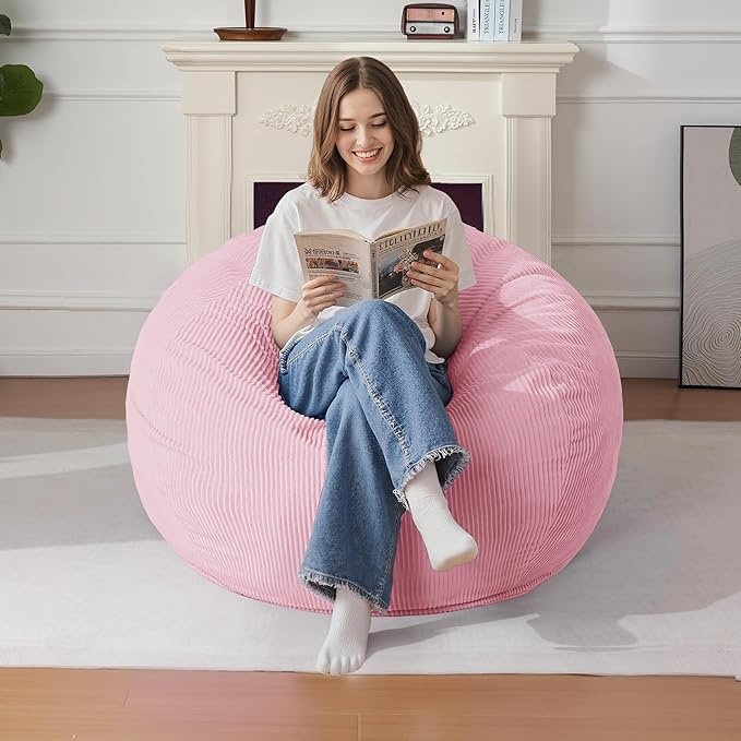 Homguava 3.5FT Bean Bag Chair: Teardrop Bean Bags with Memory Foam Filled, Compact Beanbag Chairs Soft Sofa with Corduroy Cover (Light Pink)