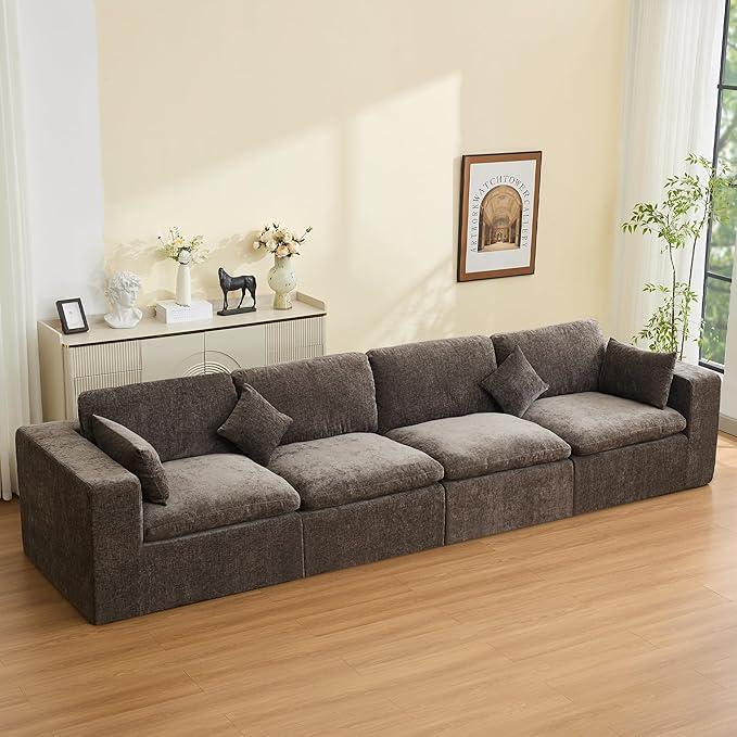 155''Cloud Boneless Sectional Couch, Modular Sectional Sofa Deep Seat, Oversized Upholstered Convertible Comfy 4 Seater Chenille Memory Foam Sofa Couches for Living Room, Brown