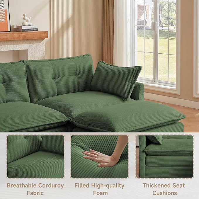 Amsleekey Modular Sectional Sofa, 111.5" U-Shaped Corduroy Comfy Sectional Couches for Living Room, 3-Seater Cloud Couches with 2 Movable Ottomans, Flexible Combination Modern Deep Seat Sofa (Green)