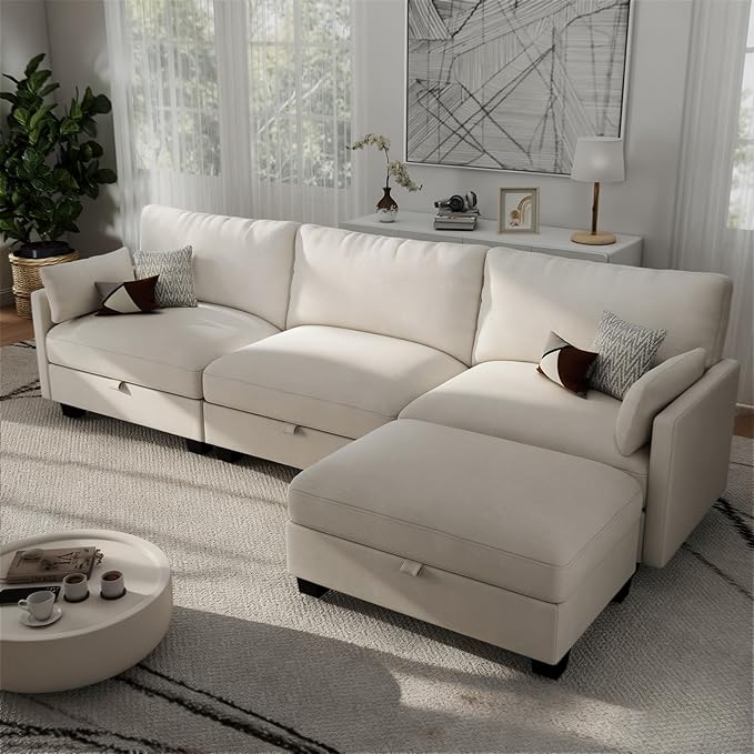 OhaiAura Modular Sectional L Shaped Sofa Couches for Living Room, Cloud Couch with Storage Ottoman, Comfy Chenille Sofa with Pillow, Beige