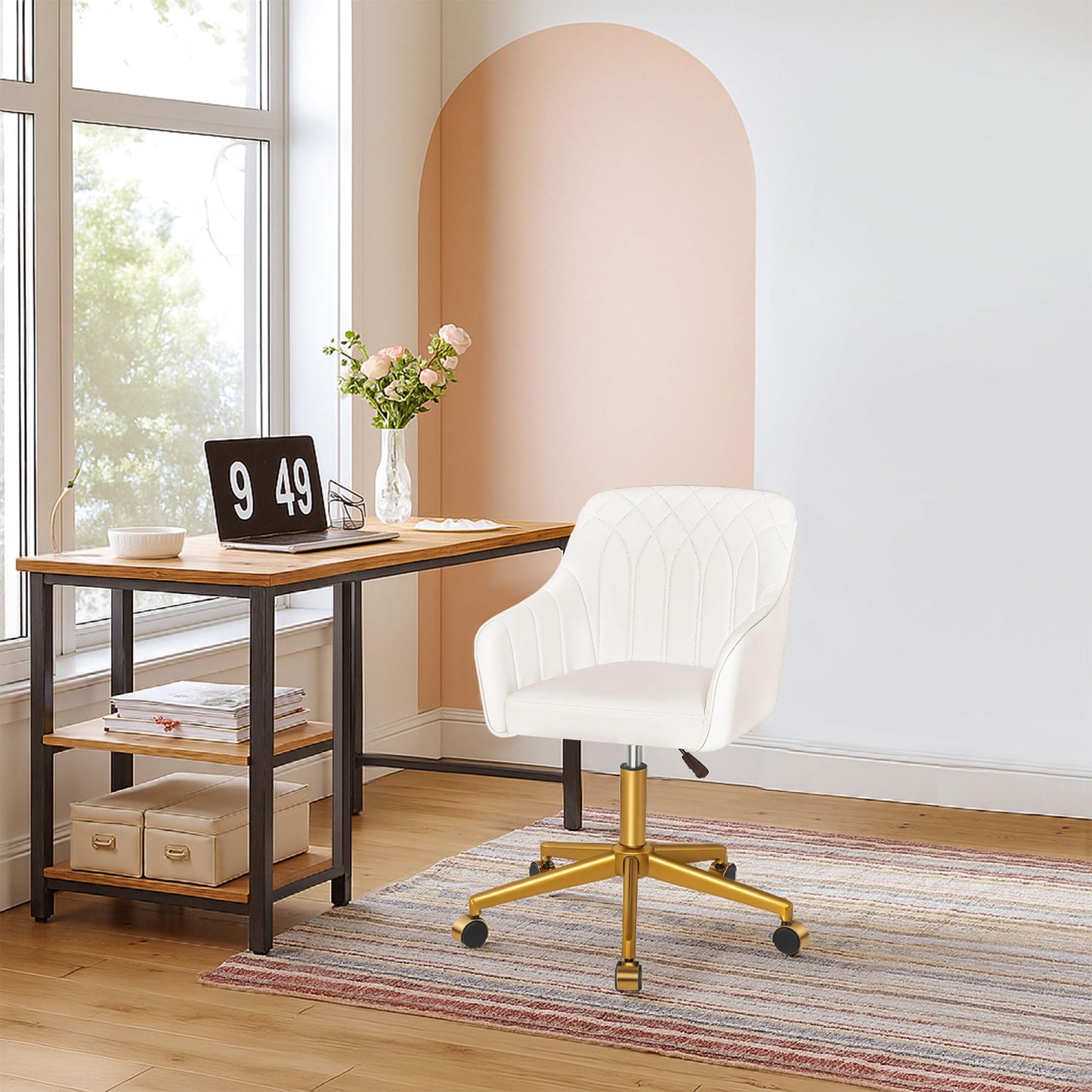 VECELO Modern PU Swivel Home Office Desk Chair with Back & Rolling Wheels, Adjustable Seat Height for Girls Women Bed Room Vanity Makeup/Task/Computer Work, White