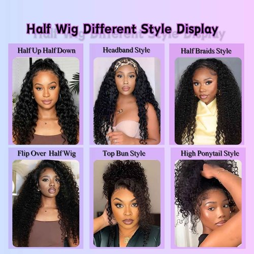 Glimeer Half Wig Human Hair Deep Wave 3 In 1 Drawstring Seamless Filp Over Curly Half Wig 200% Density Wear and Go Glueless Half Wigs for Black Women Natural Color 18 Inch
