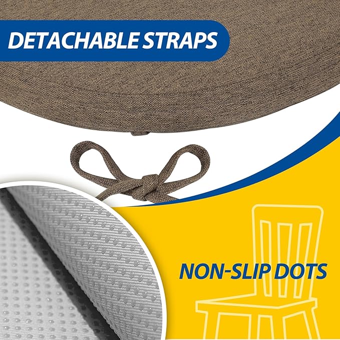 AAAAAcessories D-Shaped Chair Cushions, 2" Thick Dining Chair Pads with Ties and Removable, Machine-Washable Cover, 17" x 16", Set of 8, Taupe