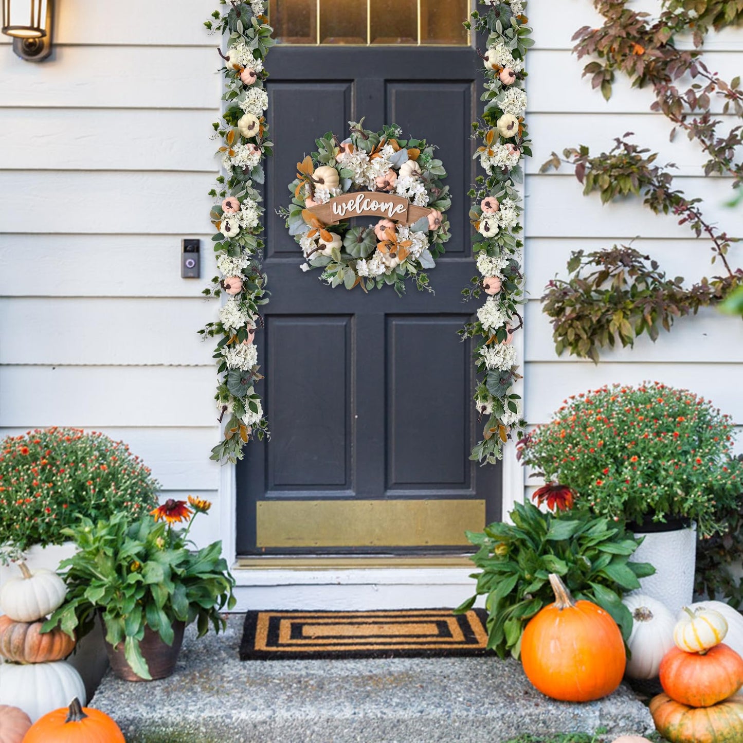 Egolot Fall Pumpkin Hydrangea Flower Garland for Doors Wall, Autumn White Coral Pumpkins with Lamb Ear Leaves for Home Decoration, Fall Home Decor Wreath Garland