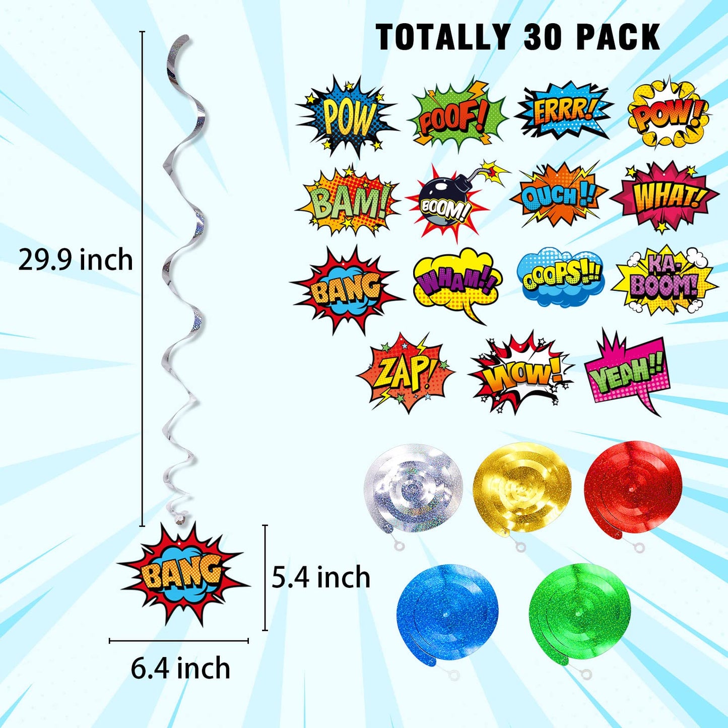 Superhero Hanging Swirls 30 Pack Hero Action Sign Foil Ceiling Hanging Swirls Streams Banner Decor Garland for Kids Superhero Baby Shower Celebrating Events Birthday Party Supplies Room Wall Decor