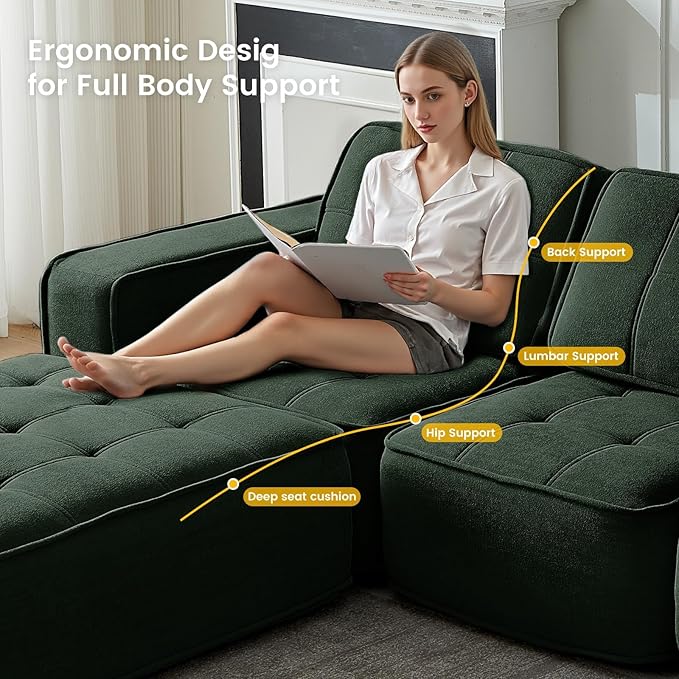 108" Boneless sectional Couch for Living Room,Convertible L-Shape Fleece Couches with Ottoman, Cloud Modular Sofa with Deep Seat for Bedroom, No Assembly,Green